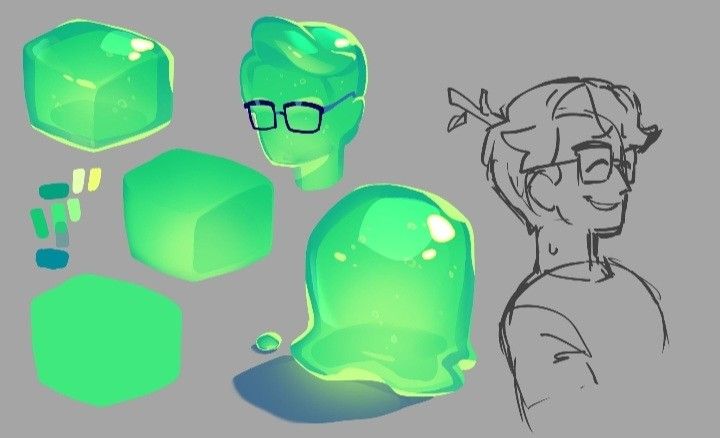 the image showcases a digital painting process.  on the left side are several depictions of glowing, green, jellylike shapes in varying forms: cubes and a more amorphous blob. a small color palette is included, showing the shades used in the green.  next to these, there’s a stylized head of a person rendered in the same jelly style, wearing glasses. to the right is a pencil sketch of a similar character wearing glasses and what appears to be a twig in their hair, showing a progression from sketch to polished digital painting. the overall style is cartoonish, playful, and vibrant.  the image likely represents the stages of creating a character concept, from initial sketches to final, polished digital art.