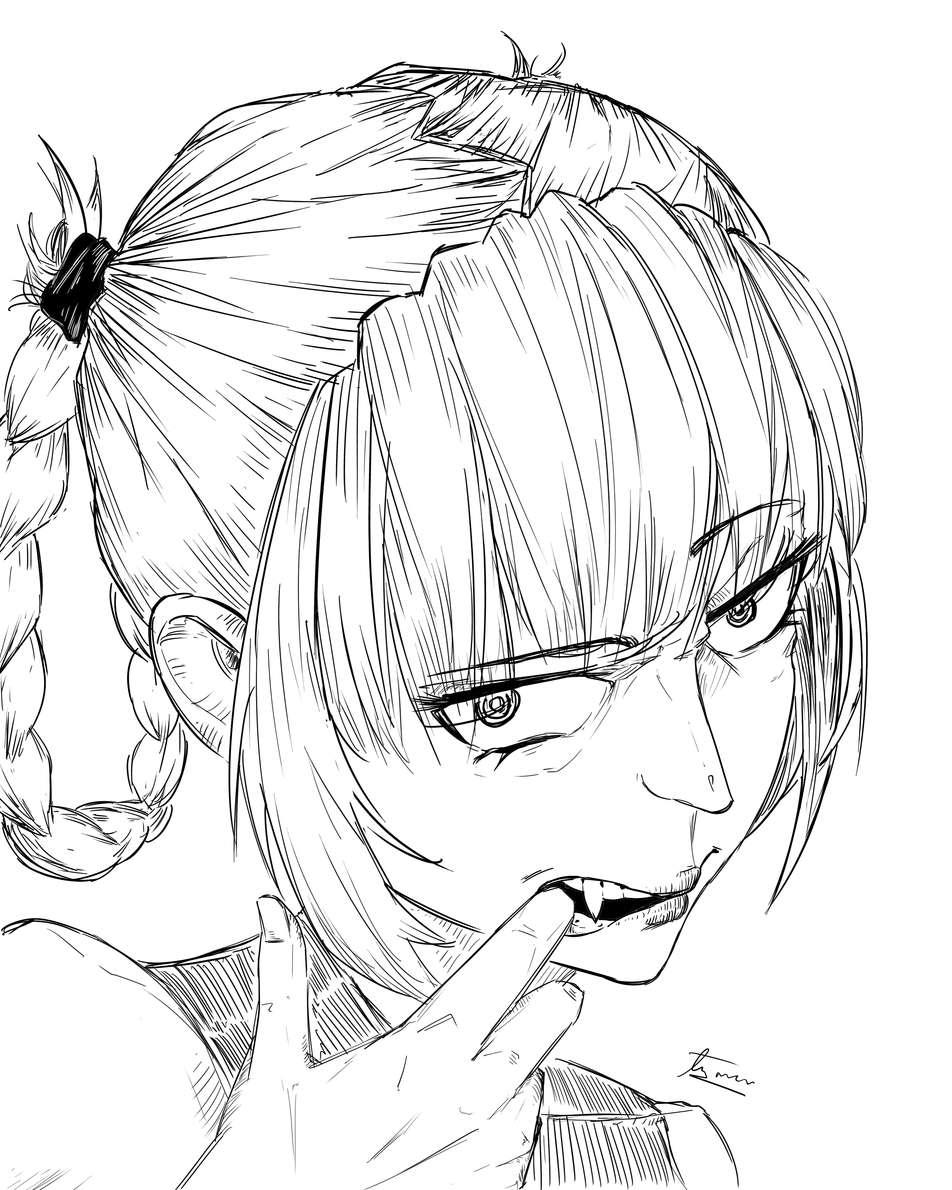 this is a line art drawing of an anime girl with a fierce expression. she has her hair braided and is looking intently at something with a focused, slightly angry expression. her mouth is slightly open, revealing sharp teeth, and her finger is resting on her chin. the drawing is done in a sketchy style and has a cool, edgy feel.