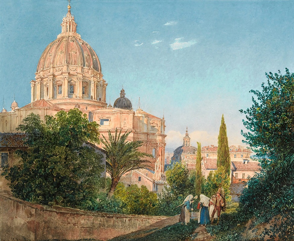 the image is a painting of a cityscape featuring a large domed building, possibly a basilica or cathedral, prominently in the background. the sky is a light blue with some wispy white clouds. in the foreground, there is a brick wall and lush green vegetation, including various trees and shrubs. a footpath leads into the scene, where several people dressed in historical clothing are walking. the painting includes other buildings with domes and tiled roofs, indicating an italian or mediterranean town setting. the overall style of the painting is reminiscent of a historical or impressionistic landscape.