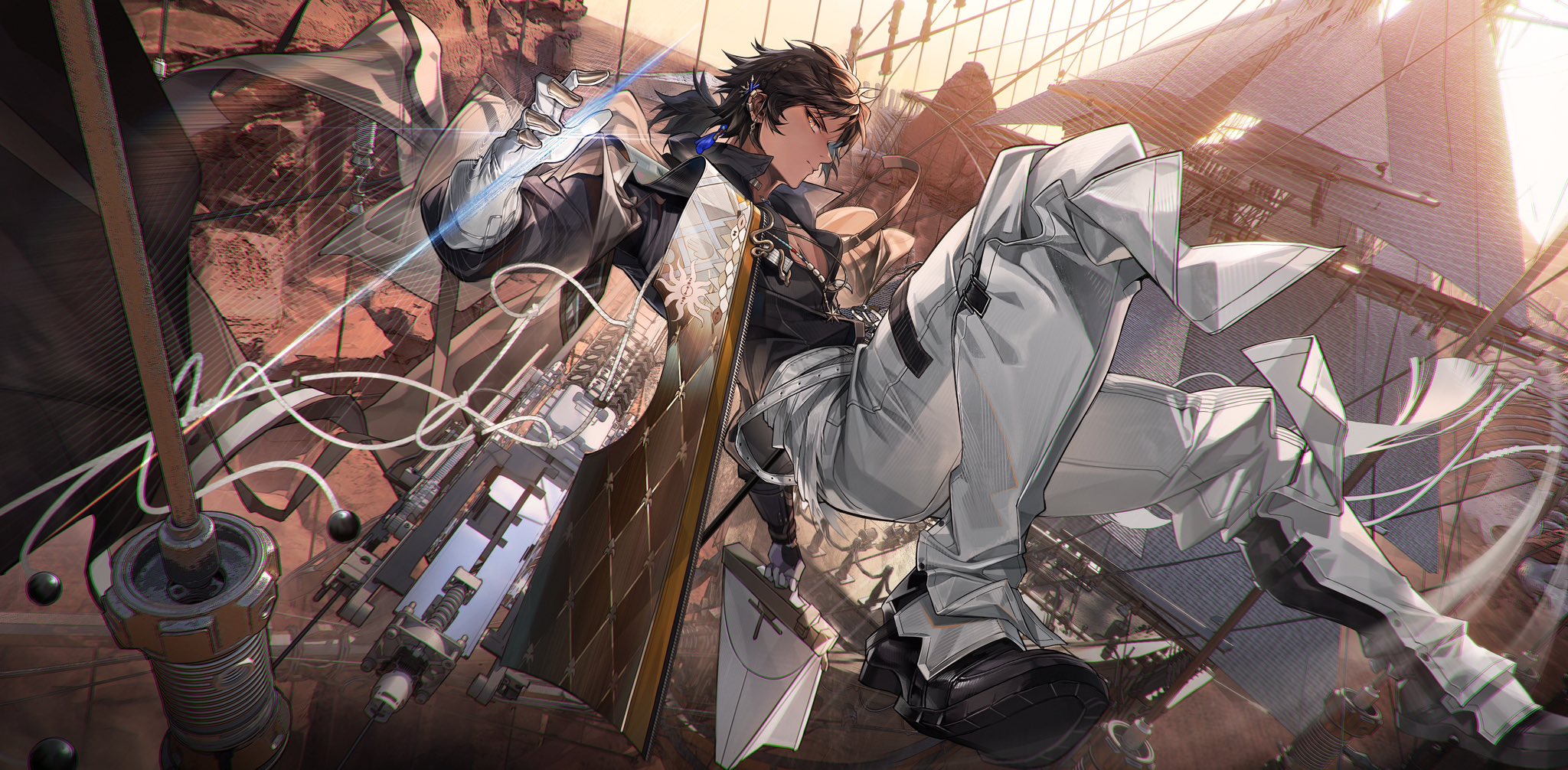the image is a dynamic digital painting or fanart depicting a stylish anime boy in a futuristic or steampunk setting. he's airborne, perhaps midjump or flight, with his body angled diagonally across the frame. he wears loosefitting white pants and a dark jacket, along with a large, possibly mechanical weapon or device at his side.  his long dark hair is partially pulled back, and he wears a noticeable earring. a glowing effect is visible on his gloved hand.  the background features the rigging of a large ship, a desert landscape with red rock formations, and complex mechanical devices, creating a detailed and immersive scene. the overall style suggests a blend of action, fantasy, and futuristic elements.