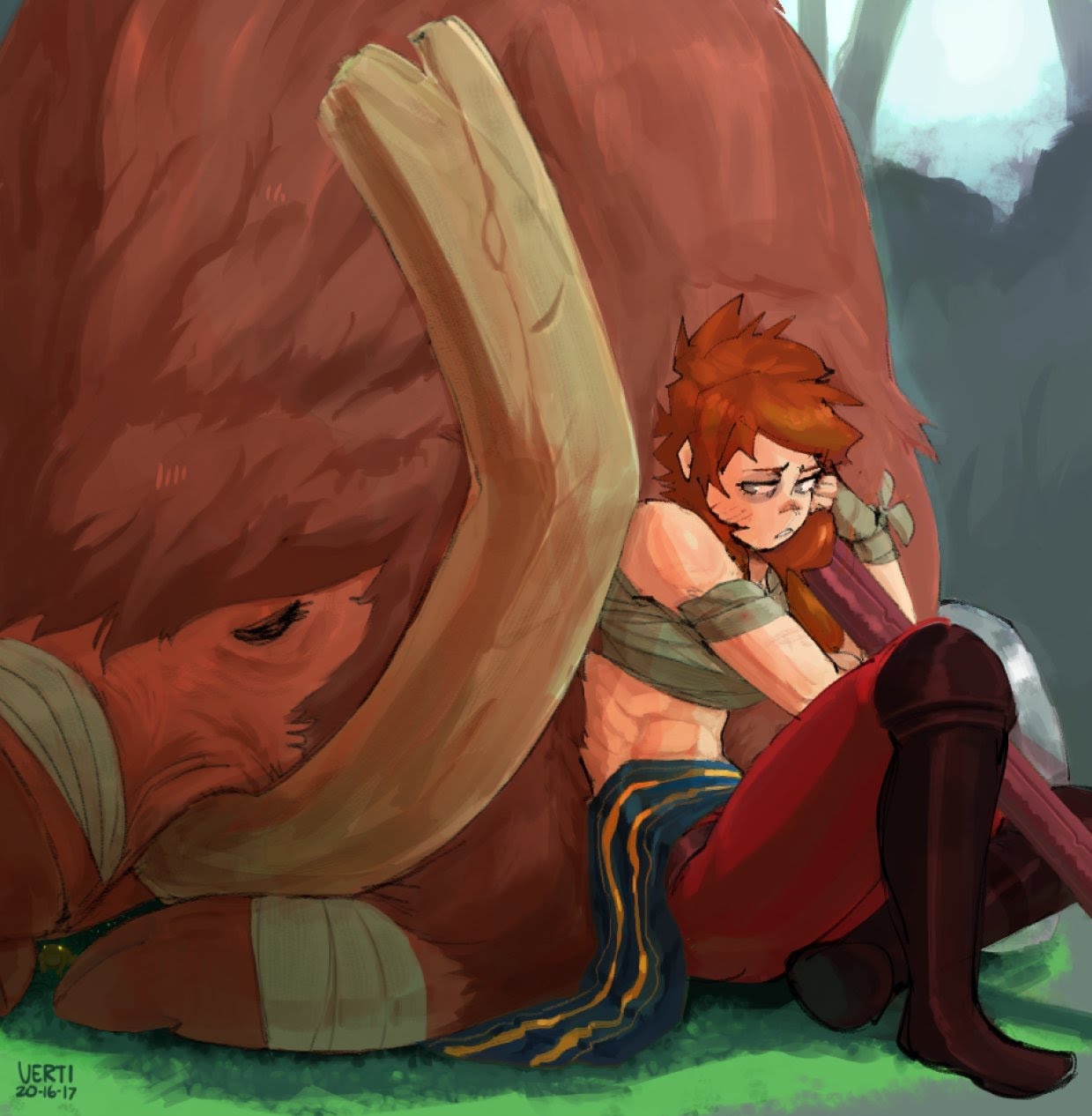 the image depicts a scene of a lone, wounded, and sad young man sitting next to a giant, sleeping, brown beast with horns. the man's left arm is wrapped in bandages, his right arm is wrapped in a cloth and he is clutching an axe. he is wearing red pants, blue and yellow loincloth. his expression is sorrowful as he stares at the ground. the beast is sleeping peacefully, its large horns and thick, furry body filling the background. the scene is set in a forest, with lush green grass and brown ground surrounding the pair. the atmosphere is one of sadness and loneliness. the image is drawn in a cartoon style, with bold lines and bright colors.
