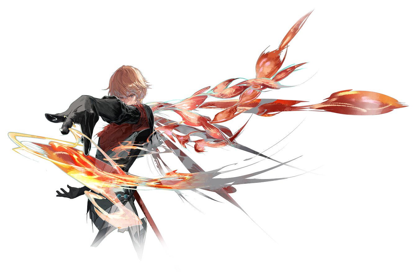 this is an illustration of an anime male character. he has short, messy, reddishblonde hair and is wearing a black, red, and white outfit. he is pointing his right hand forward as if he is about to cast a spell or strike a blow. he is surrounded by swirls of red, orange, and yellow energy, which are abstract and dynamic. the character is set against a white background.