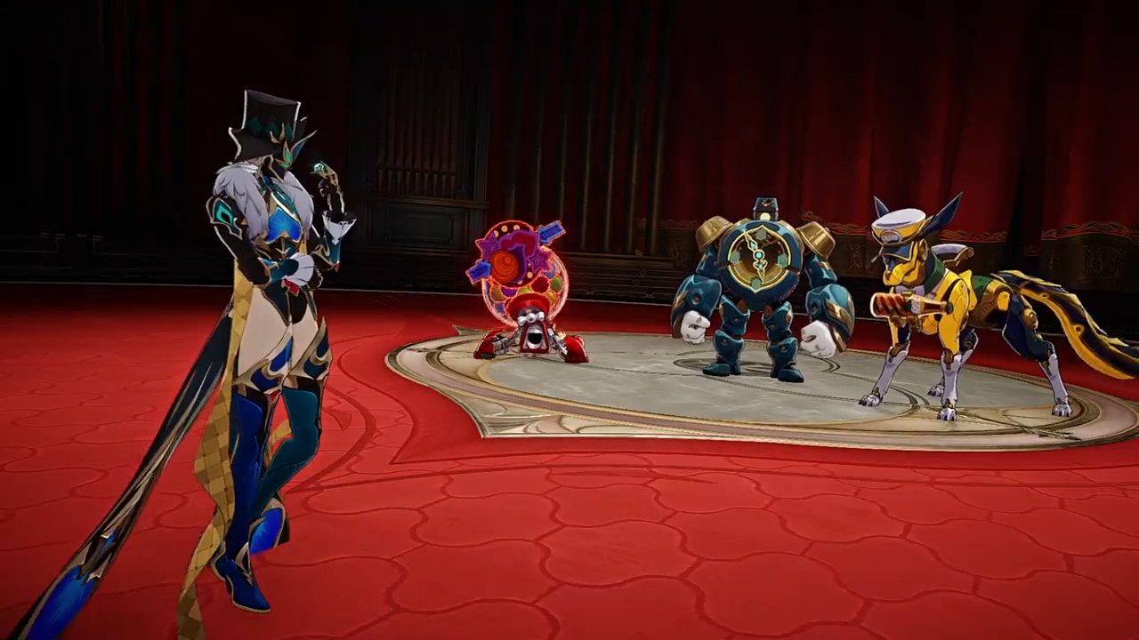 a red carpet scene with four characters: a human character wearing a black and blue costume with a tall hat, a robot with clock hands, a red character with a big mouth, and a yellow robot dog. the background is a red curtain, and the floor is patterned with gold and black.
