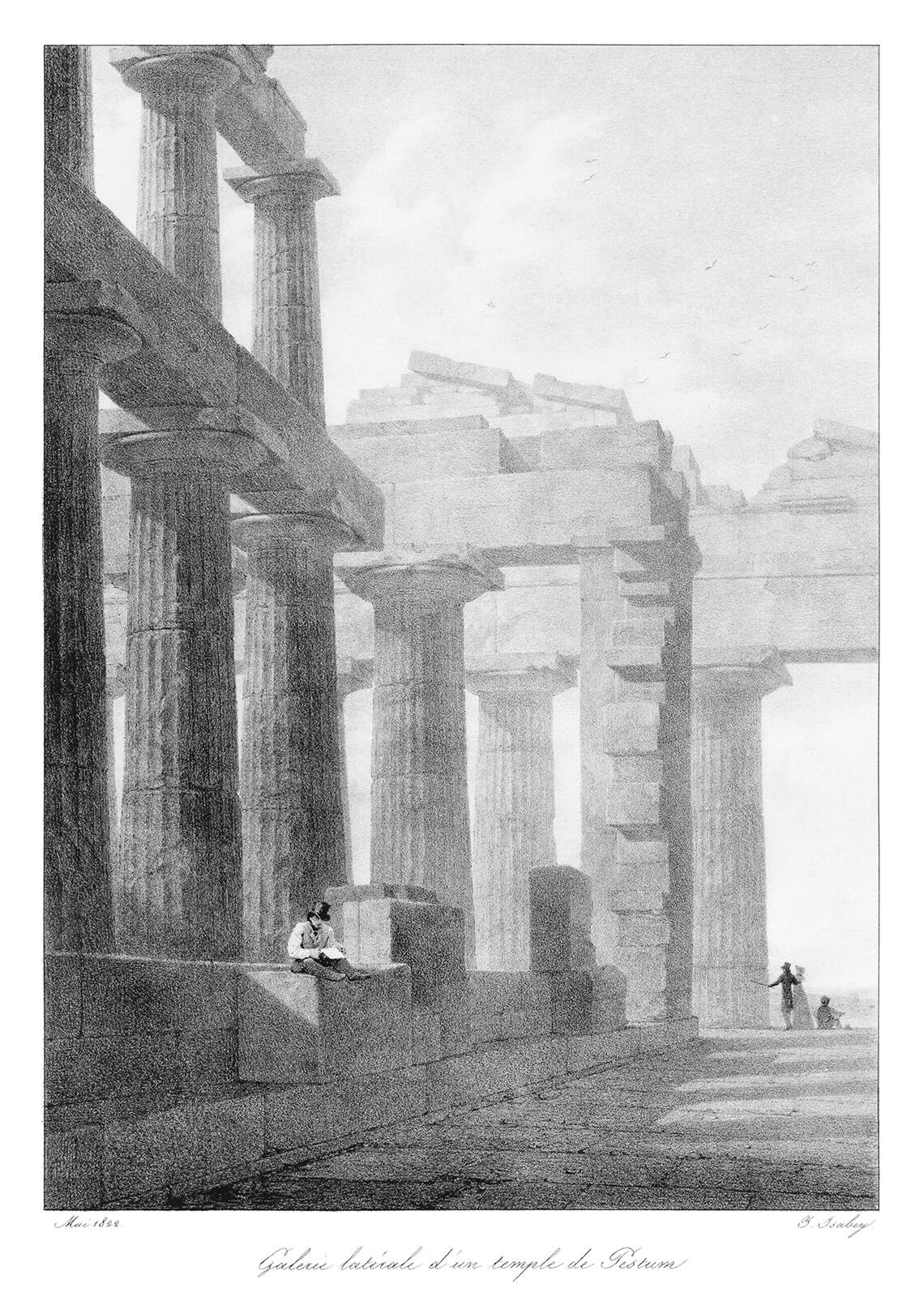 a black and white drawing depicts the ruins of an ancient temple, featuring a man sitting and reading near massive columns, with other figures visible in the distance. the architecture showcases the weathered stone and structural elements of the ancient site.