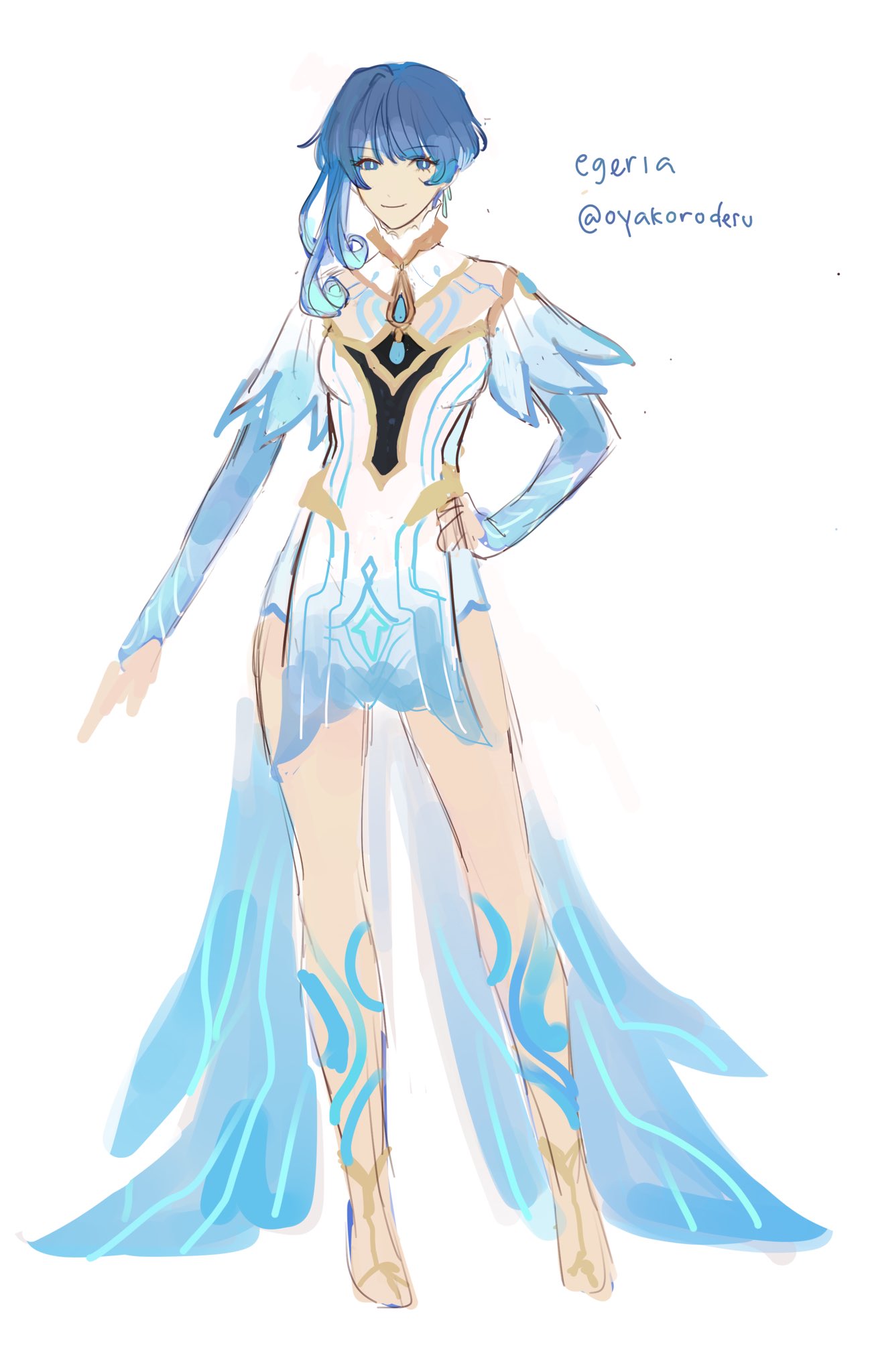 a digital illustration of an anime girl with long blue hair in a white dress with flowing wings. she is standing with one hand on her hip, and she has a gentle smile on her face. the dress is decorated with blue waterlike patterns and the background is a plain white.  the artist's signature is at the top of the image.