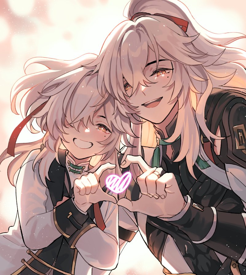 two anime girls with white hair smiling and making a heart shape with their hands. the background is light pink. the girls are wearing white and black clothing. the girl on the left has short hair and is wearing a white shirt with black sleeves. the girl on the right has long hair and is wearing a black shirt with white sleeves. the two girls are looking at each other, and a pink heart is between their hands.