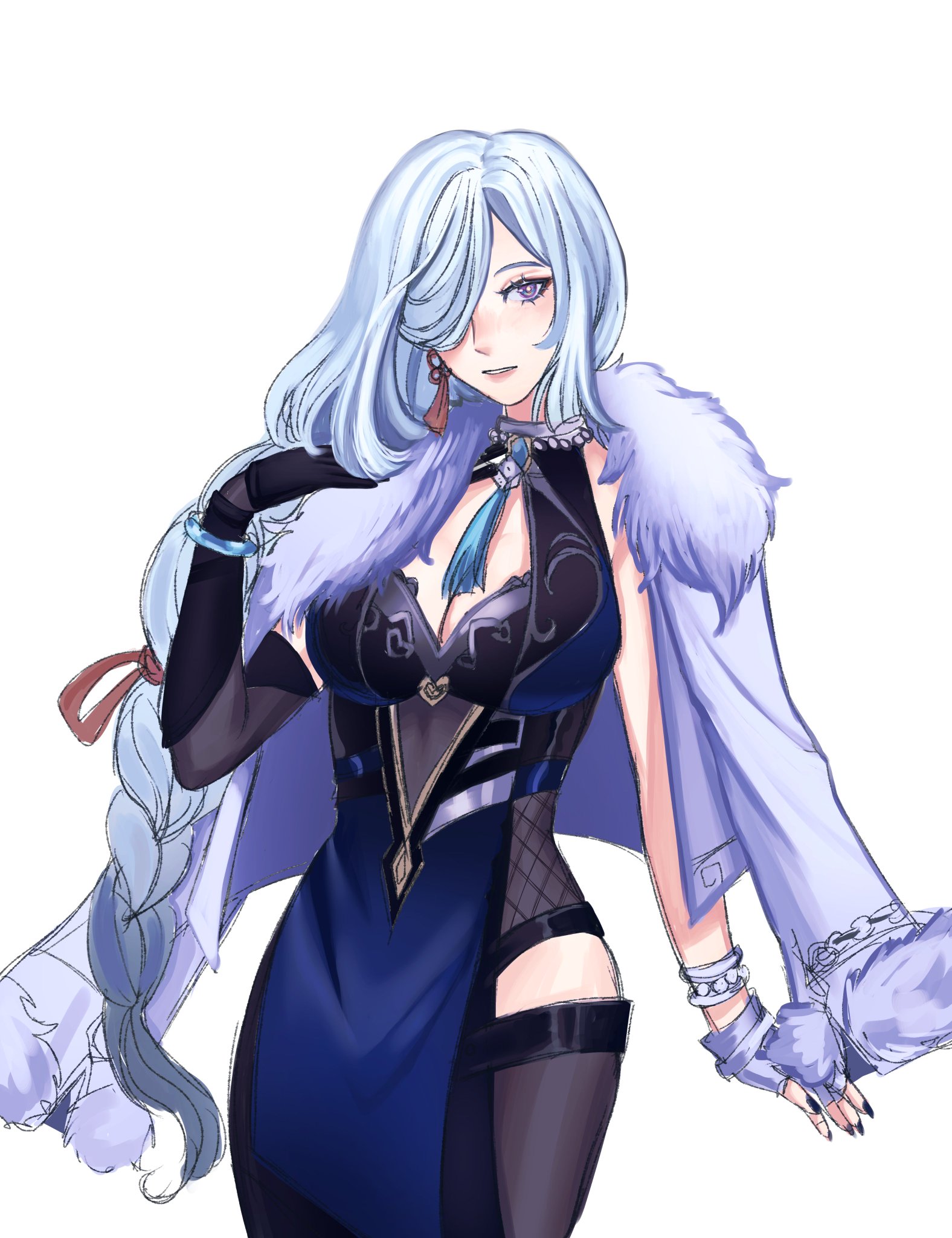 the image shows an anime girl with long blue hair in a braid wearing a blue dress with black gloves and a white fur coat. she has purple eyes and a smile on her face. the background is white.