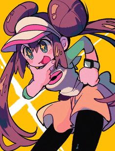 his is an anime style drawing of the pokemon character may. she is posed with one hand on her hip and the other in front of her face, with her index and middle finger pointing out like a peace sign. she has a large, mischievous smile on her face. she is wearing her typical outfit of a white beanie, pink and white baseball cap, a green and white shortsleeved shirt, a pink and white skirt, and black thighhigh socks. the background is a bright yellow with white lines creating a dynamic, energetic feel.