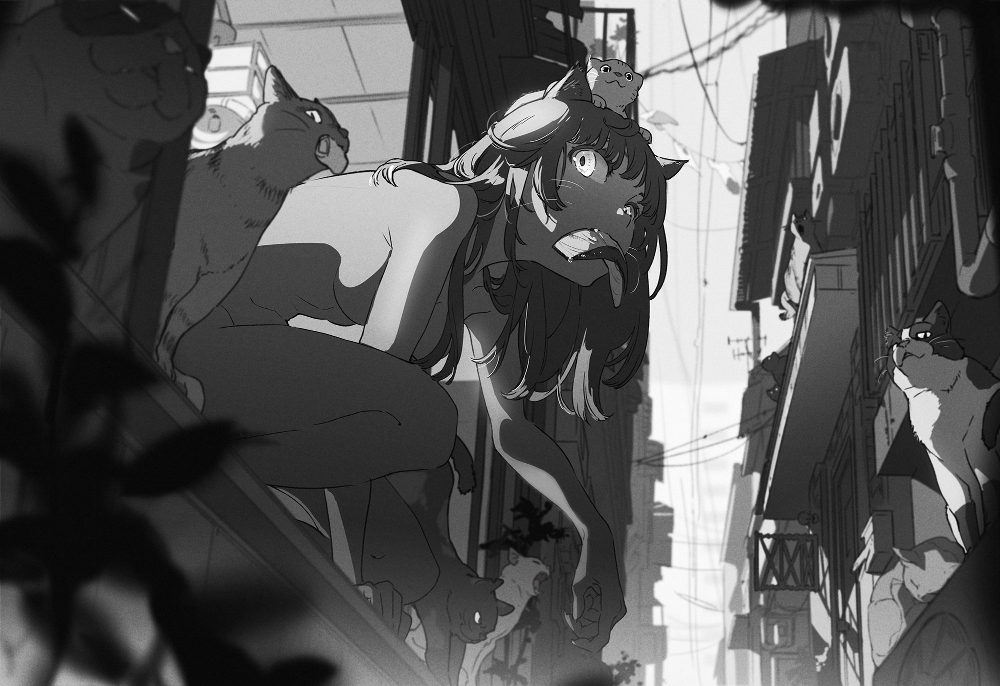 the image depicts a black and white illustration of a young woman playfully interacting with several cats on a rooftop in a bustling city. the woman is crouched low, seemingly mimicking the posture of the felines, and her expression is lively and engaged. she appears to be enticing the cats with something held in her hand. the scene is filled with dynamic energy, emphasized by the low angle perspective that suggests the viewer is looking up at the unfolding interaction. the cityscape stretches out in the background, hinting at a lively urban environment. the high contrast lighting and deep shadows further enhance the playful yet slightly mischievous mood of the scene.