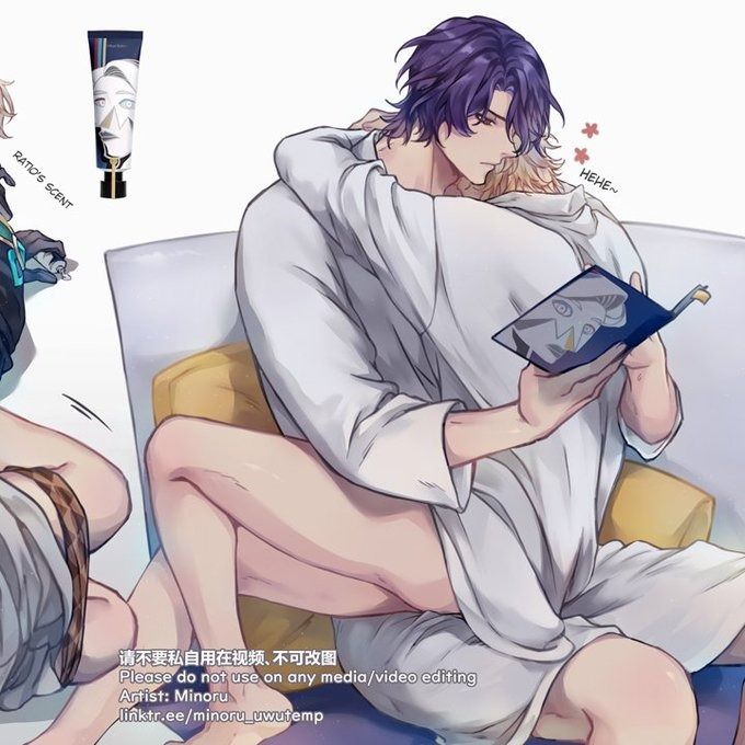 he image is a digital drawing/painting depicting two young men, possibly animestyle characters, intimately embraced. one has purple hair, and the other appears to have blond hair. they are wearing loose, lightcolored shirts, and the scene is soft and romantic. the background is simple and complements the focus on the figures. there are small details like a hand cream tube and a book suggesting a setting with everyday items. a watermark and artist's information are included at the bottom.  the art style is suggestive and affectionate.