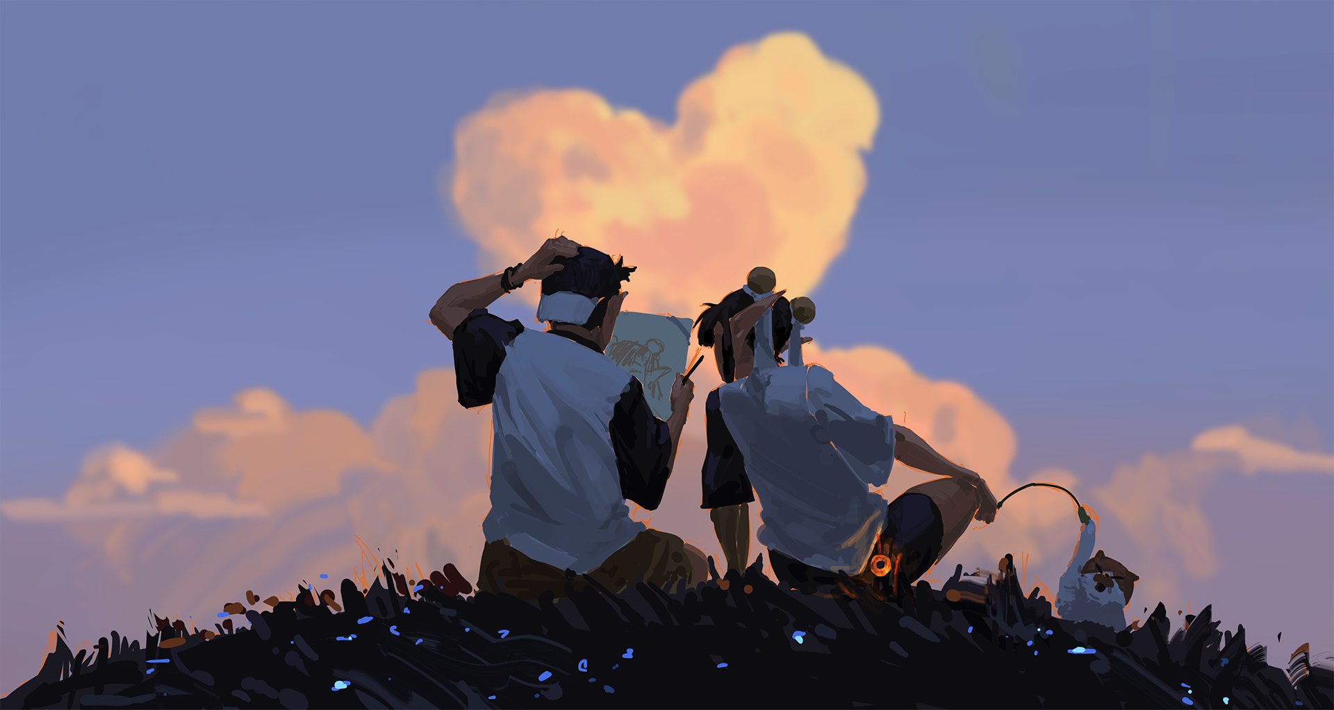 the digital painting shows two figures sitting on a hilltop at sunset. they are drawing together in a sketchbook. a heartshaped cloud is prominent in the sky above them. a cat sits near them. the overall atmosphere is peaceful and serene. the style is reminiscent of anime or manga, with soft shading and a focus on emotional expression. the artwork evokes a feeling of warmth and connection between the two individuals.