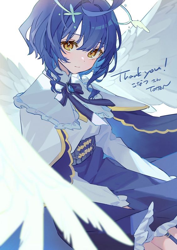 an animestyle illustration features a female character with blue hair and yellow eyes, depicted as an angel with white wings and a halo. she's wearing a white and blue dress with gold accents and a large blue bow. the background is a simple offwhite, and the lighting is soft, creating a gentle and ethereal atmosphere. the character is smiling sweetly and expressing gratitude with a "thank you!" message written in english and japanese.