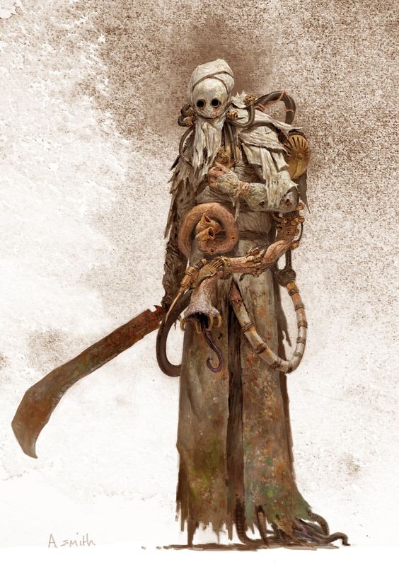 the image showcases a fullfigure concept art piece of a lone, humanoid figure set against a textured, neutral background. the figure has a weathered and ragged appearance, suggestive of a postapocalyptic setting. they are outfitted in tattered, layered clothing and wear a blank, dolllike mask that obscures their face. mechanical appendages and what appear to be organic growths protrude from their body, hinting at mutation or cybernetic enhancement. they wield a large, menacing machete, suggesting they are a survivor or warrior in this harsh environment.  the overall color scheme uses a muted palette of browns, beiges, and grays, enhancing the desolate and gritty atmosphere.