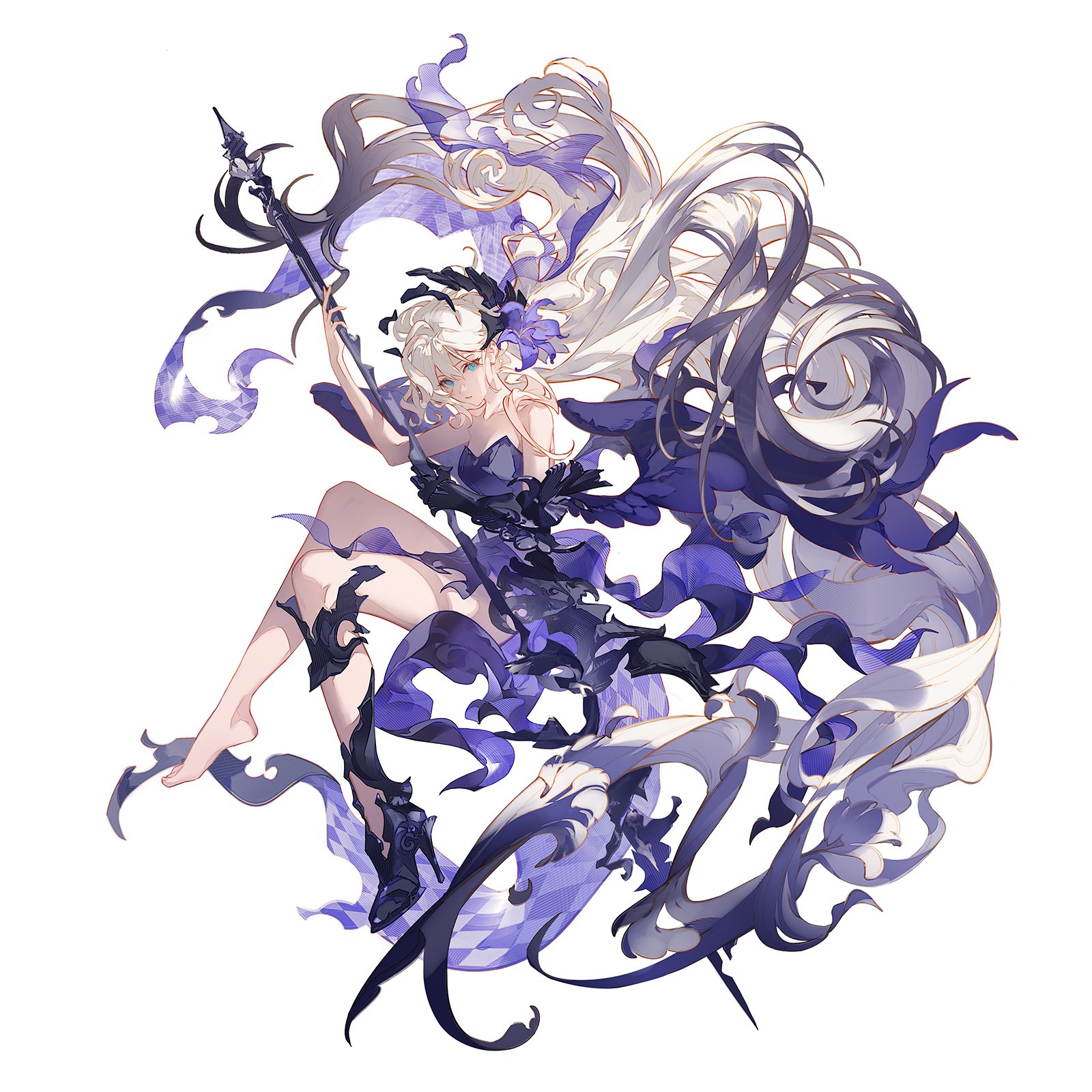 a digital illustration of a young woman with long, flowing white hair. she wears an elaborate black and purple dress and wields a staff with a checkered pattern. her pose is dynamic, suggesting movement and action. the overall aesthetic leans towards a fantasy theme.