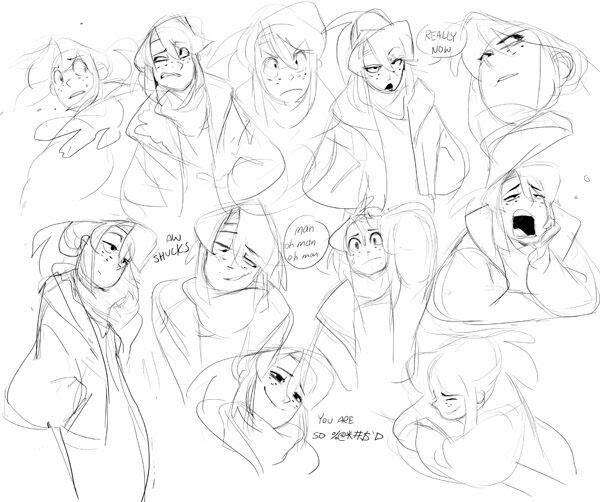 this image is a collection of sketches of animestyle girls in various expressions.  the sketches are drawn in pencil and depict a variety of emotions, including sadness, happiness, and surprise. the characters are drawn in a casual style and are wearing jackets.
