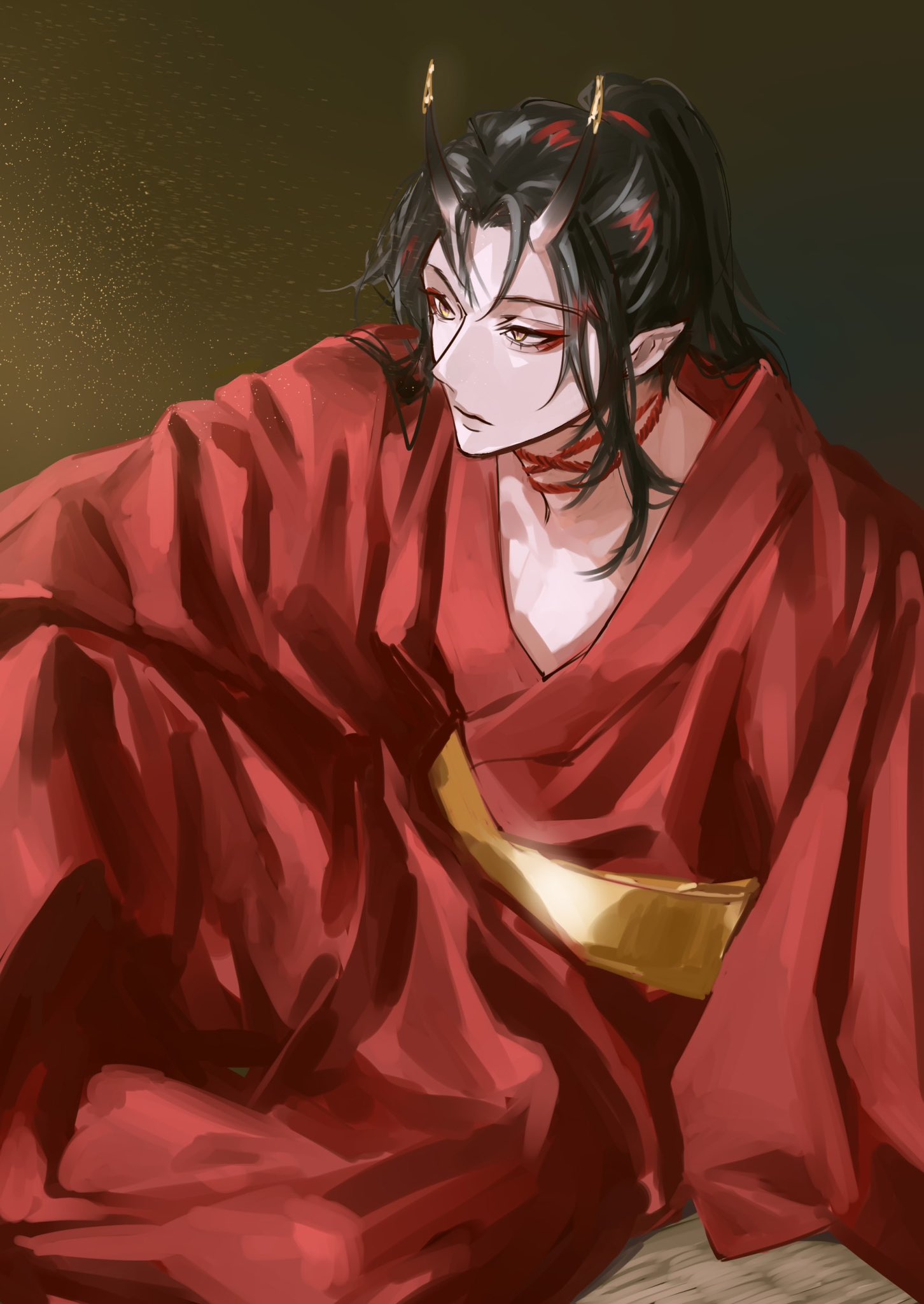 a male anime character with black hair and horns sits in a red kimono. he has a gold belt and a serious expression. he appears to be a demon or something similar. the character is depicted in a style reminiscent of anime.