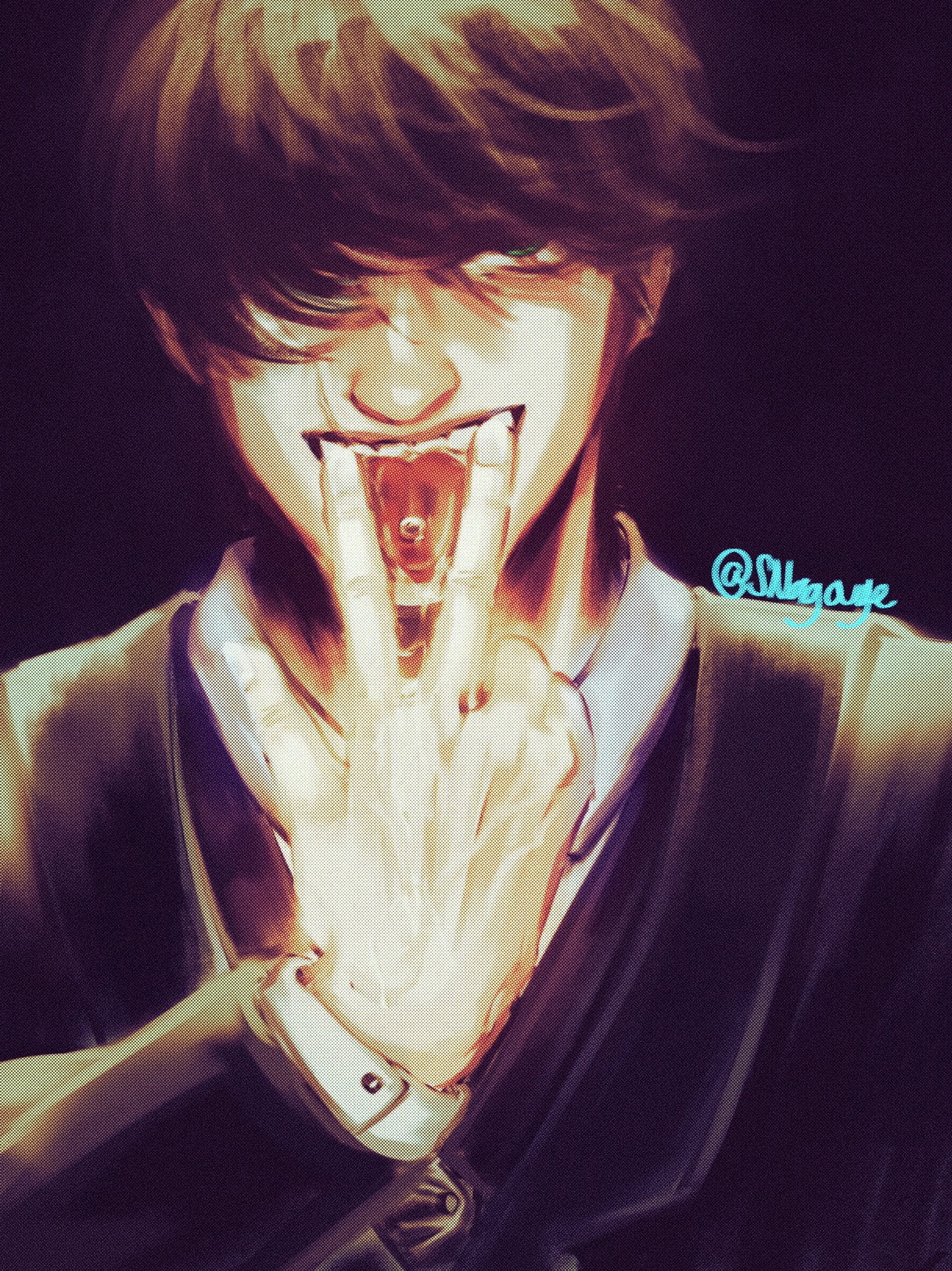 this is a digital art illustration of a young anime/manga male character. he is in a dark setting, with his suit jacket open, showing his white collared shirt. his expression is intense and menacing. he is showing his teeth and has his tongue sticking out of his mouth, holding his fingers in a manner to either mimic or express an emotion of wickedness or mischief.