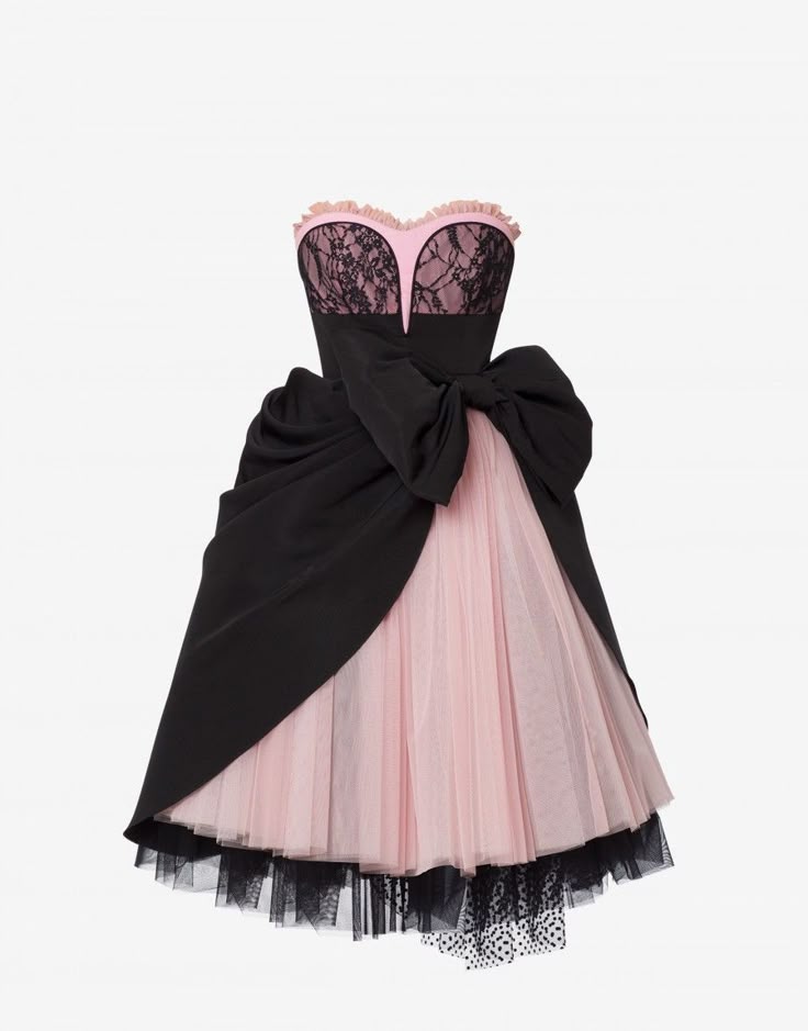 a strapless cocktail dress with a sweetheart neckline and a large bow. the bodice is pink with black lace overlay, and the skirt is pink tulle with a black tulle underlay. a large black bow is tied at the waist. the dress is shown against a white background.