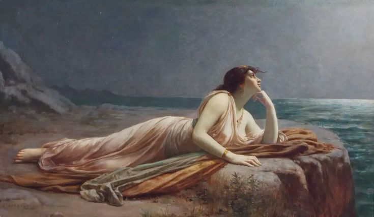 a woman in a flowing white dress lies on a rocky outcrop overlooking a moonlit ocean. the scene is rendered in the style of romanticism, with a focus on the beauty of the natural world and the emotional state of the subject. the woman's gaze is fixed on the distance, suggesting a sense of longing or contemplation.