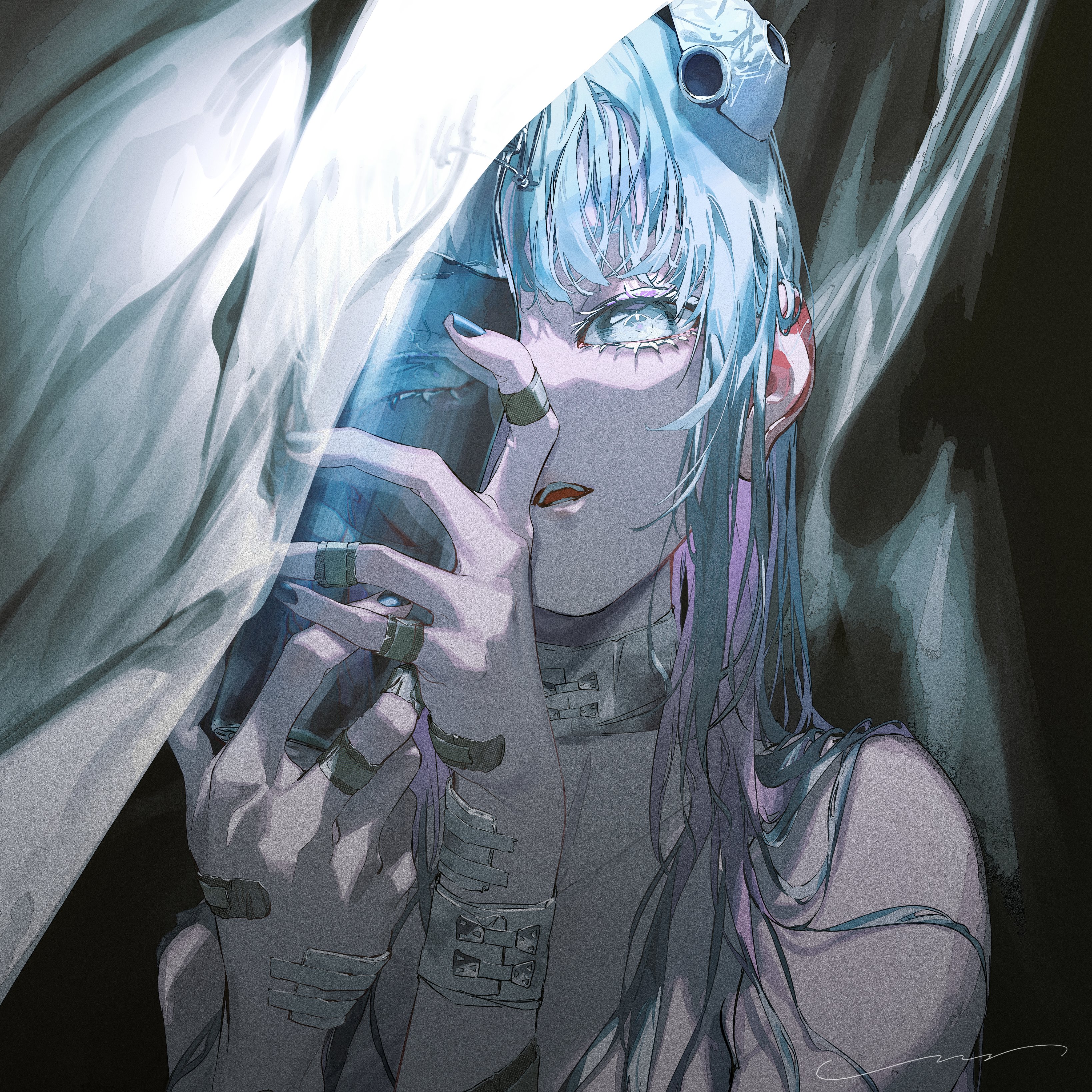 an anime girl with long, flowing blue and purple hair is covered in a white sheet of fabric. she has a silver necklace and multiple silver bracelets. she is holding a blue object with her hands and is looking down. the background is dark with shadows.