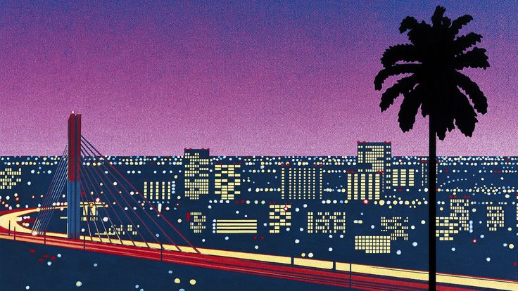 a vibrant and stylized illustration of a city at night, with a bright purple and blue color scheme. the cityscape is dominated by tall buildings, with a bridge spanning a highway that curves out of view in the foreground.  a large palm tree silhouette stands out against the city lights, adding a touch of tropical allure to the urban scene.  the overall style is reminiscent of 1980s and 1990s graphic design, with bold colors and simple forms.