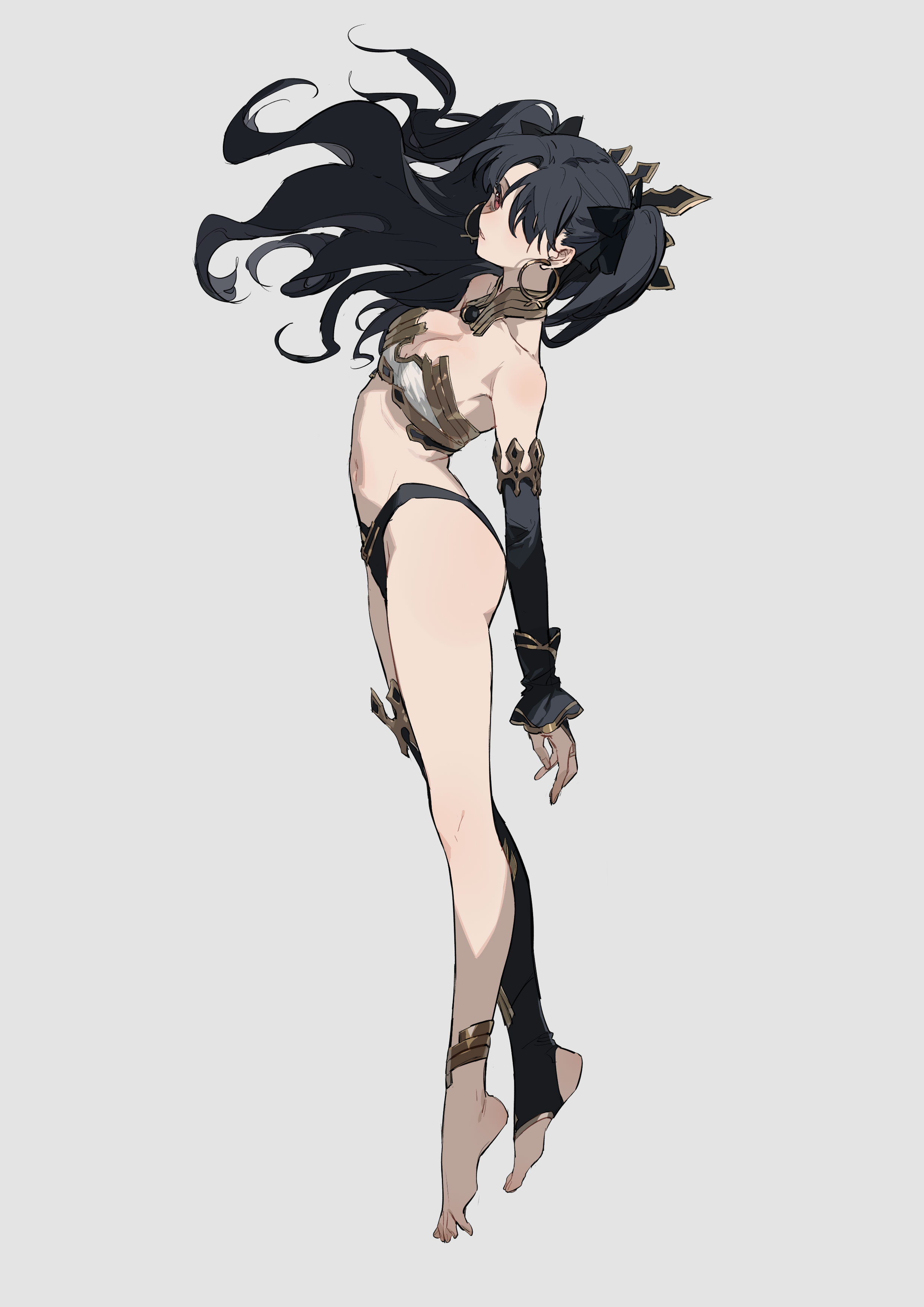 the image showcases an animestyle illustration of a slender, darkhaired woman. she's depicted in a graceful pose, her long hair flowing behind her as if she is floating.  she wears a darkcolored, revealing outfit that resembles a bikini top and bottom, accented with gold details.  the style is sophisticated and detailed. the background is a simple, light gray, drawing focus to the character.