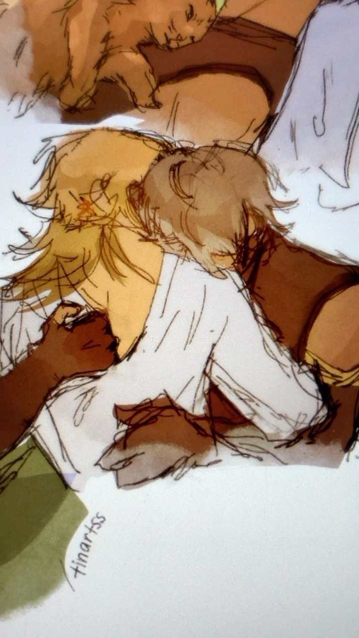 the image is a digital painting or illustration in a style reminiscent of anime or manga. it depicts two characters, one with light brown hair and the other with blond hair, embracing in a close and affectionate hug. the style is loose and expressive, with soft lines and muted brown, beige, and cream tones dominating the color palette.  the overall mood is warm, intimate, and emotionally charged.  there is an artist signature, "hinartss," visible in the lower left section.  part of another figure and what looks like a small animal (possibly a cat or similar creature) is visible in the upper left. the focus is on the central embrace.