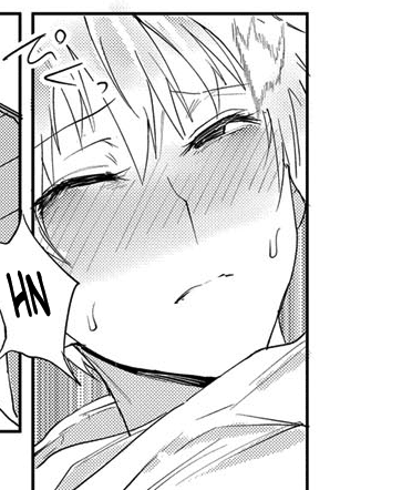 the image is a closeup panel from a manga or anime. it depicts a young man's face, which is heavily blushed and showing signs of sweat. his eyes are halfclosed, suggesting pleasure or shyness.  he has short, slightly messy hair. the style is characteristic of shonenai or yaoi manga, hinting at romantic or sexual tension. the word "hn" is written in a speech bubble, likely representing a sound effect expressing pleasure or embarrassment. the overall style is clean and slightly sketchy. he is partially covered by what appears to be clothing, possibly a shirt or blanket. the background is lightly textured.