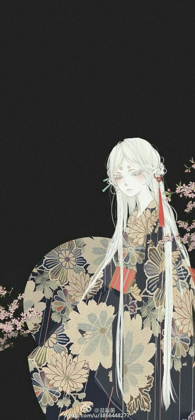 he image showcases a digital painting or illustration of an animestyle girl. she possesses long, flowing white hair and is adorned in a dark kimono with an intricate floral pattern. the background is a stark black, contrasting with the light colors of her attire and hair, which makes the subject stand out beautifully.  the kimono's design incorporates large chrysanthemumlike flowers in cream and beige tones against a dark background.  there are delicate pink cherry blossoms subtly placed in the corners, adding to the overall elegant and somewhat mystical atmosphere. the girl's expression is calm and serene, enhancing the image's peaceful mood. the artwork is highly detailed and refined, suggesting a professional or artistic level of skill.  the style is reminiscent of traditional japanese art, particularly ukiyoe, but with a modern anime twist.