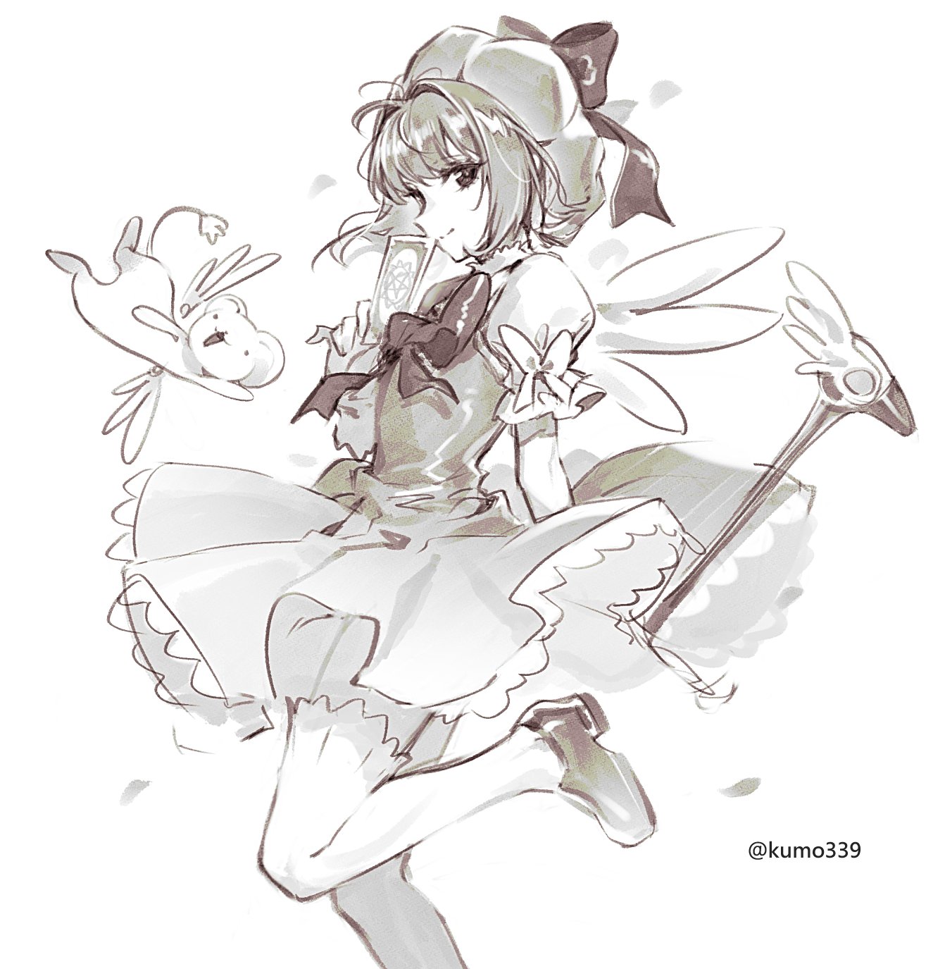 illustration of cardcaptor sakura, an anime girl character, with a flying creature, a clow card, and her wand. she is wearing a dress and a bow in her hair. the art style is reminiscent of anime and manga. the image includes a signature "@kumo339."