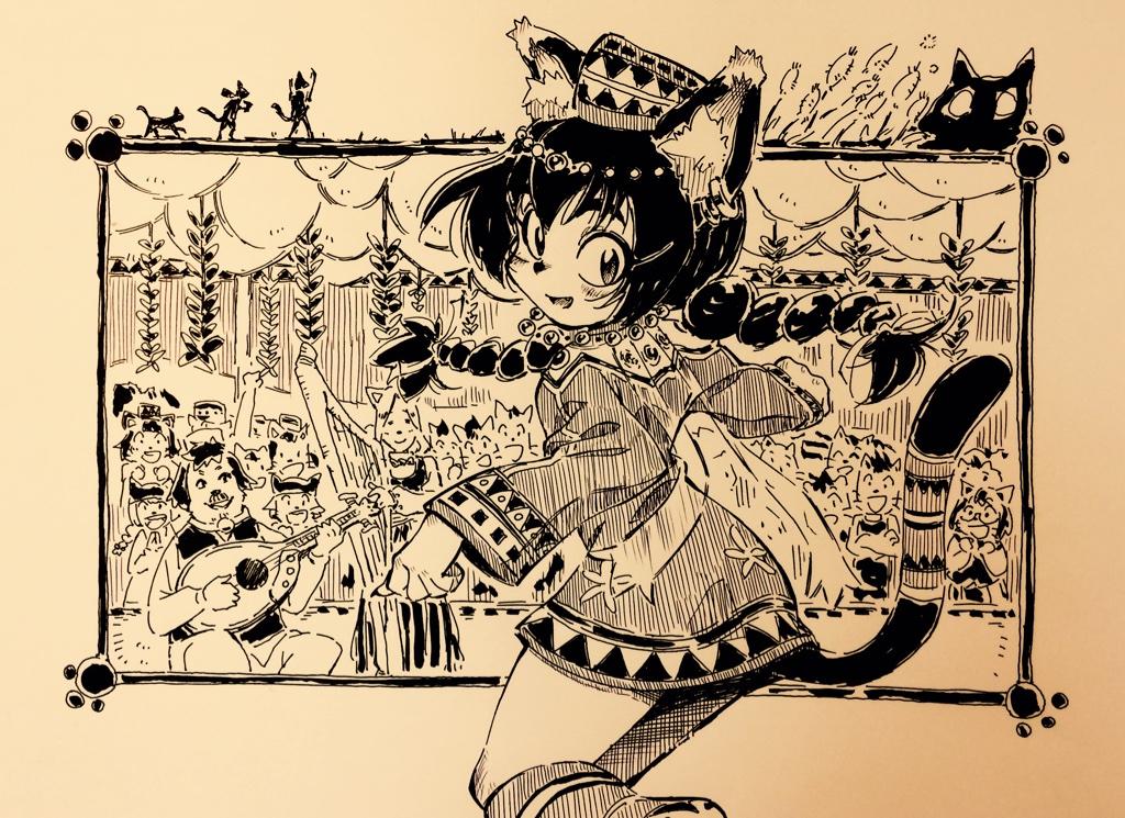 a black and white ink drawing of a cat girl with long black hair in pigtails, wearing a decorated dress and hat, dancing joyfully on a stage in front of an audience and a band of musicians. the style is reminiscent of manga or anime.