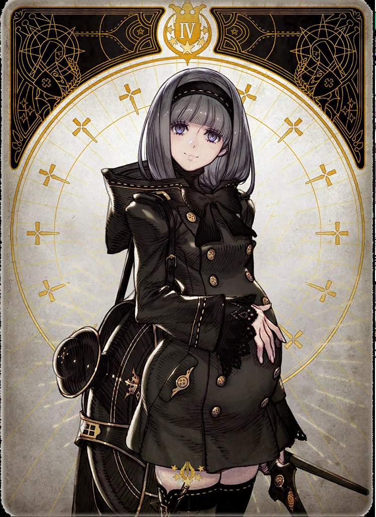 a young woman with short gray hair and purple eyes stands in front of a decorative arch, her hand resting gently on her pregnant belly. she is dressed in an elaborate black coat with gold buttons, a black hat perched on a stand behind her. the background is adorned with crosses and a roman numeral iv, hinting at a tarot card theme. the soft lighting emphasizes the serene expression on her face and the gentle curve of her stomach.