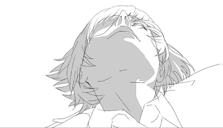 a black and white line drawing of a girl with her head tilted back and her eyes closed. her hair is styled in long layers that frame her face. she is looking up at something offscreen with a calm and serene expression.