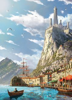 the image depicts a coastal cityscape with a harbor. in the foreground, there's a small boat with a person in it, and several other boats along the dock. the city buildings line the waterfront, and a large sailing ship is docked. a steep mountain rises behind the city, with buildings and houses clinging to its side. at the summit of the mountain is a grand castle with a tall tower. the sky is partly cloudy with seagulls flying.