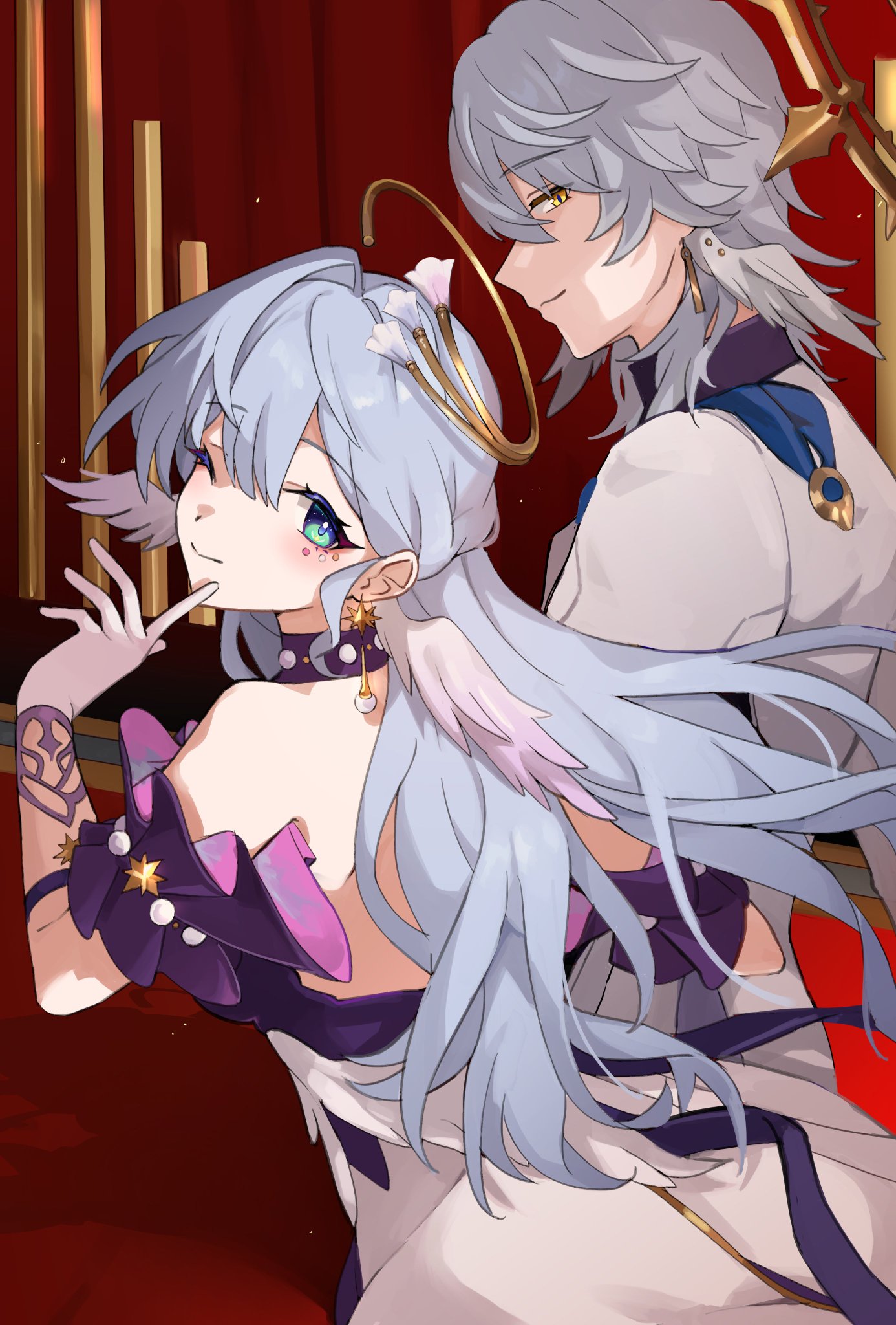 the image depicts two anime characters, a male and a female, standing close to each other, seemingly a couple. the male, with white hair, is dressed in white and gold clothing, while the female, with blue hair, is wearing a purple and pink dress. both have angel wings, and the female has a halo above her head. the background is red and gold, suggesting a luxurious setting. they both look at the viewer with affectionate smiles. the overall tone of the image is romantic and sweet, conveying a sense of love and connection.
