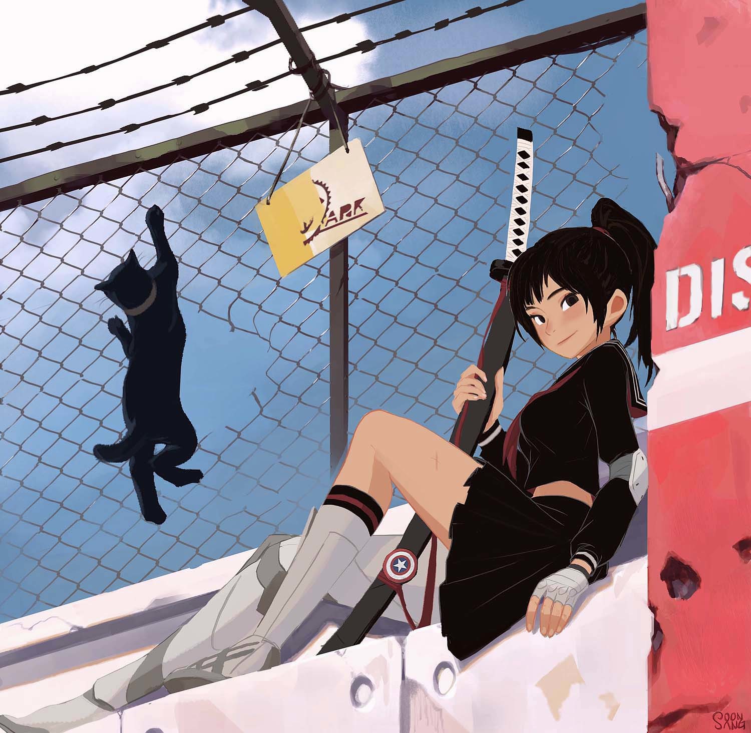 an anime girl in a school uniform, complete with futuristic arm guards and a katana strapped to her back, sits atop a concrete structure beneath a chainlink fence topped with barbed wire. she wears a confident smirk and gazes directly at the viewer. a black cat hangs playfully from the fence behind her, while a faded yellow warning sign reading "ark" hangs precariously above. the scene is bathed in bright sunlight, hinting at a carefree, almost rebellious atmosphere.