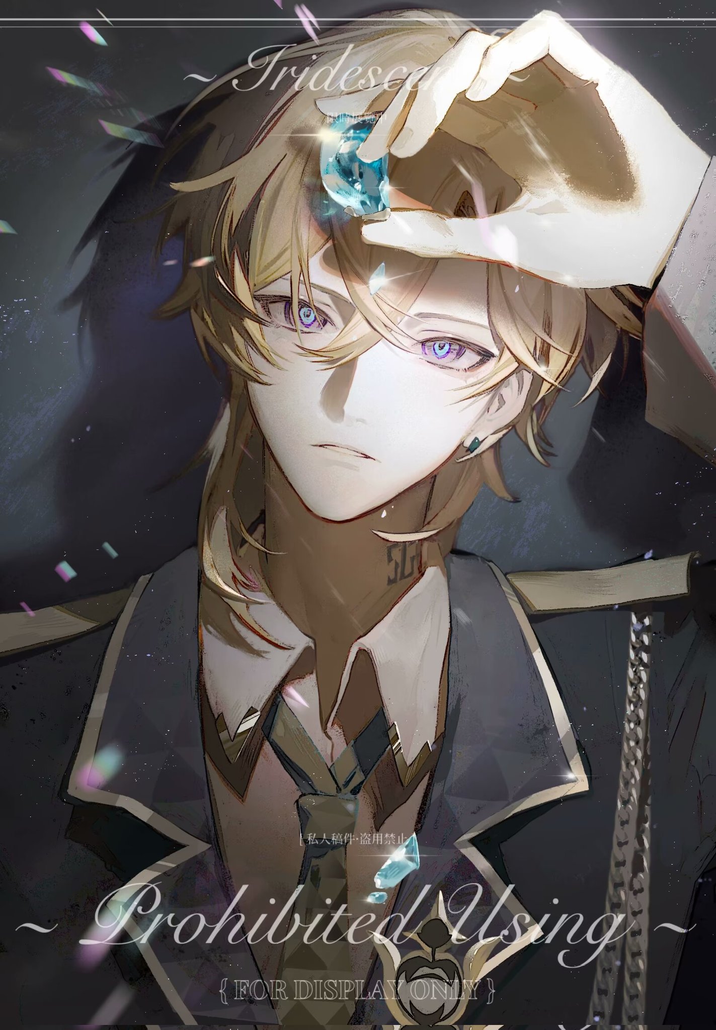 the image is a digital painting or illustration of an animestyle male character. he has long blonde hair, purple eyes, and is wearing an elegant darkcolored outfit with gold accents. he's holding a large iridescent gemstone, and the background is dark with sparkles. the artwork is labeled "tridestent" and "prohibited using {for display only}".  the overall style is sleek, dramatic, and fantastical.