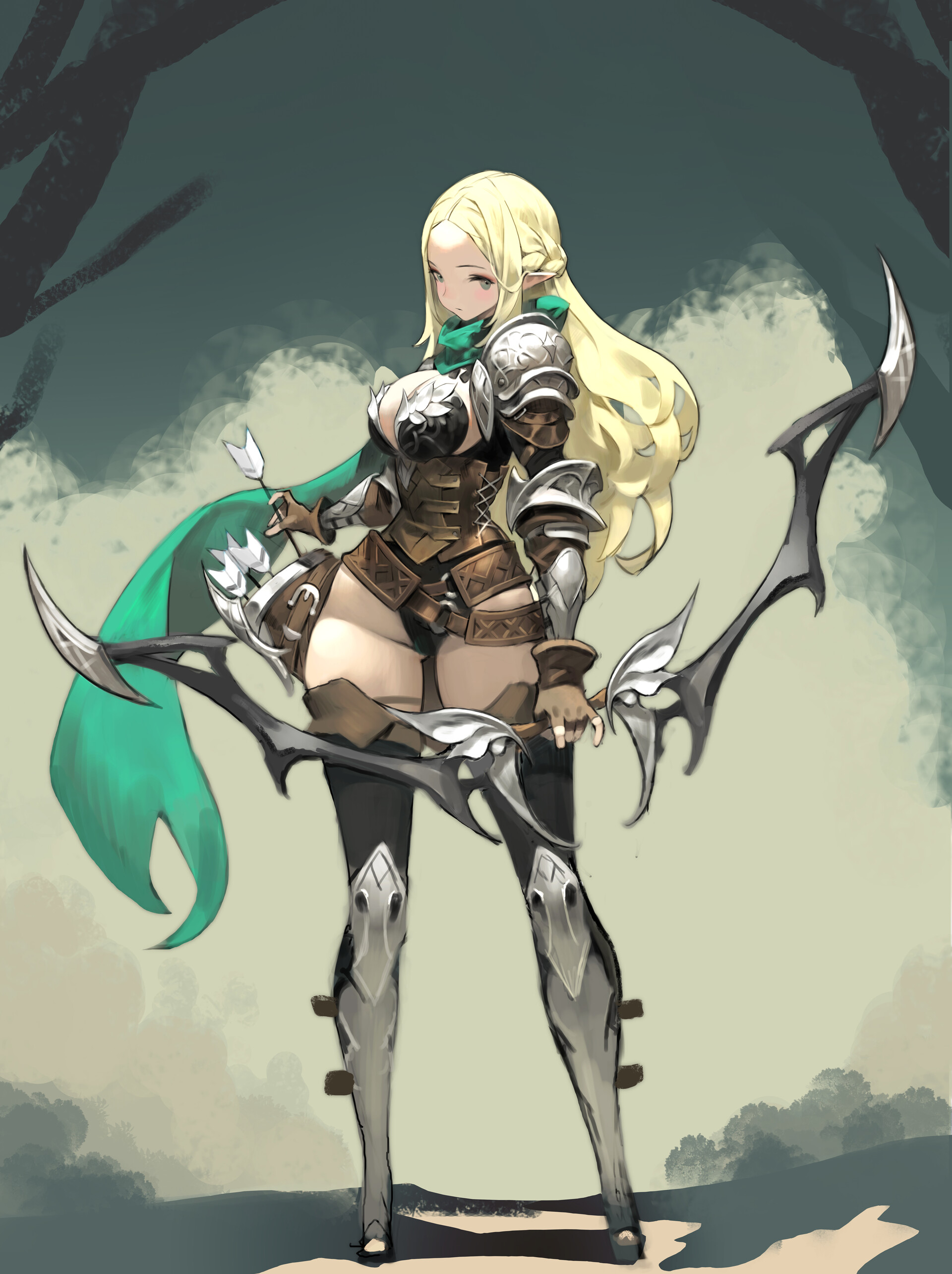 a fullbody illustration depicts a female elf archer with blonde hair. she's dressed in detailed armor, including shoulder plates, chest plate, and leg armor, and wears a green scarf. she holds a stylized bow and an arrow in her hands. her expression is serene. the background suggests an outdoor, possibly forested environment with trees and a muted color palette. the style is reminiscent of anime.