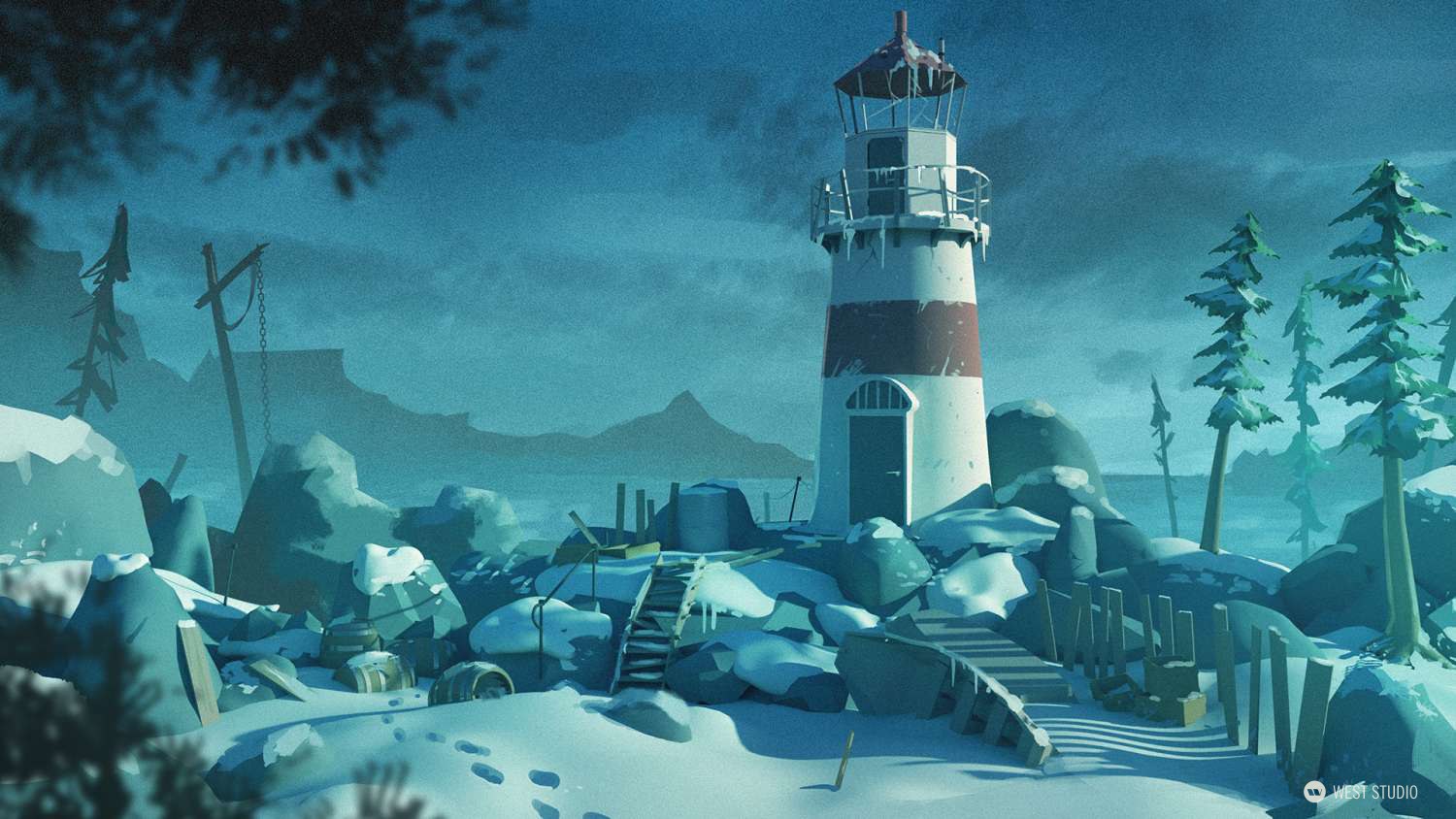 a snowy, nighttime scene featuring a weathered lighthouse perched atop a rocky outcrop. snow blankets the ground, rocks, and a rickety wooden walkway. silhouettes of distant mountains can be seen across a dark ocean. the cool blue palette evokes a sense of tranquility and isolation.
