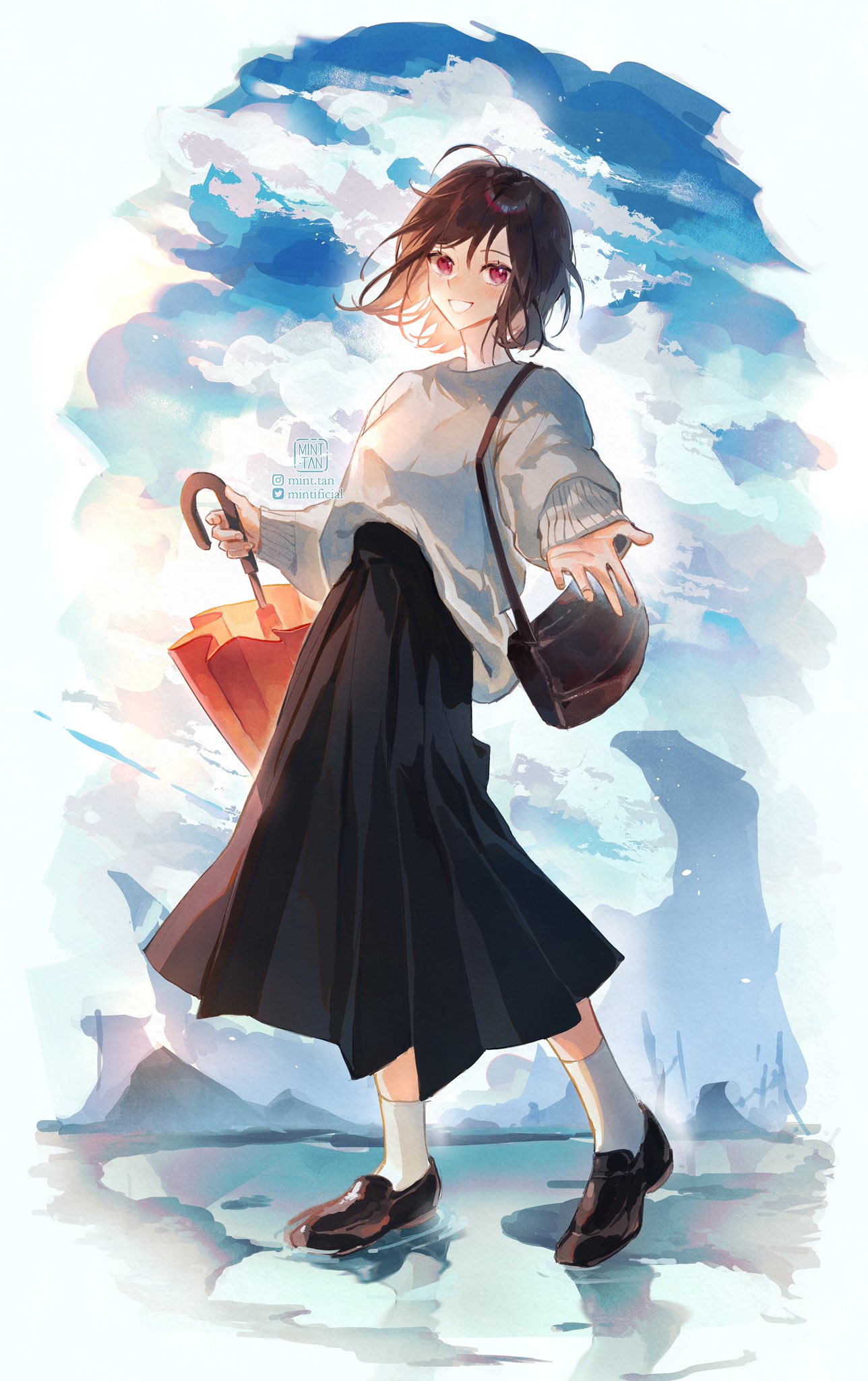 the image depicts a young anime girl with long, dark hair and brown eyes. she is smiling and looking towards the viewer. she is dressed in a white sweater, a black skirt, and brown shoes. she is walking through a street with an umbrella in one hand and a bag in the other. there is a blue sky with white clouds behind her. the style of the art is digital and watercolor, giving the image a soft and dreamy feel.