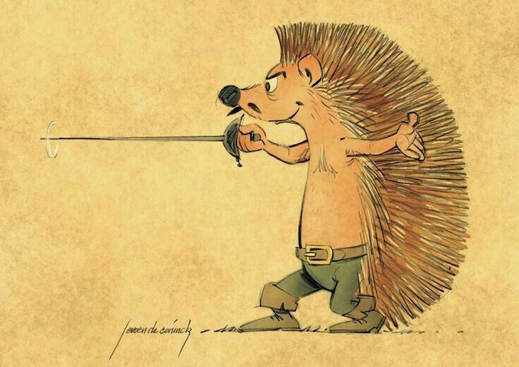 a cartoon illustration shows an anthropomorphic hedgehog in a fencing stance, holding a sword. it is depicted in profile, facing left, with a determined expression. the hedgehog is wearing a belt, green pants, and brown boots. its quills extend from its back and head. an artist signature "jeroen de coninck" is visible in the lower left corner.