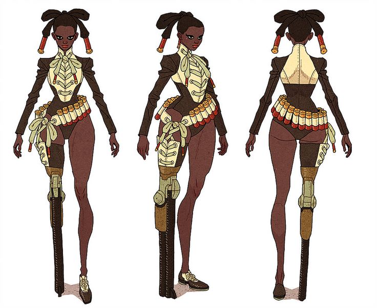 this digital illustration shows a female character design with a black afro, wearing a steampunkinspired outfit that features a black jacket with a white shirt underneath, a belt with pouches for bullets around her waist, and a pair of boots.  the character is shown from the front, side and back, with the focus on her outfit and the prosthetic leg, which appears to be a gun or a mechanical leg. the character is standing with a confident pose.