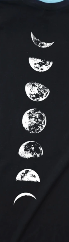 the image shows a vertical sequence of the moon's phases, from new moon to full moon and back, printed in white on a black fabric background.