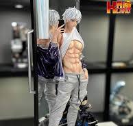 loseup view of a meticulously detailed anime figurine of a muscular male character. the figure is positioned as if taking a selfie in a mirror, showcasing his welldefined abs and physique. he has grey or white hair and is dressed in grey sweatpants and a dark jacket. the background suggests a gym or fitness setting, and there is a reflection of the figurine in a mirror visible. the figurine appears to be a collectible item, potentially from an anime or manga series. the overall aesthetic of the image is sharp and clean with highquality sculpting and detailing.