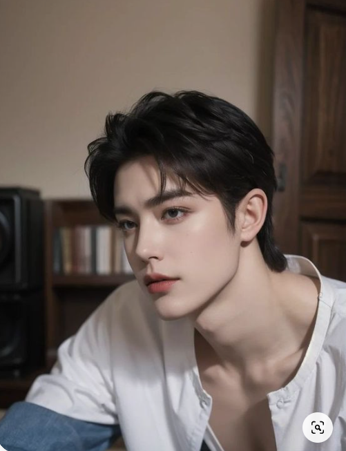 young asian man with stylish black hair and a white shirt is posing for a portrait. he has a soft, natural look and is looking off to the side. the setting is indoors and appears to be a home or studio, with a bookshelf and speakers in the background. the lighting is soft and flattering.