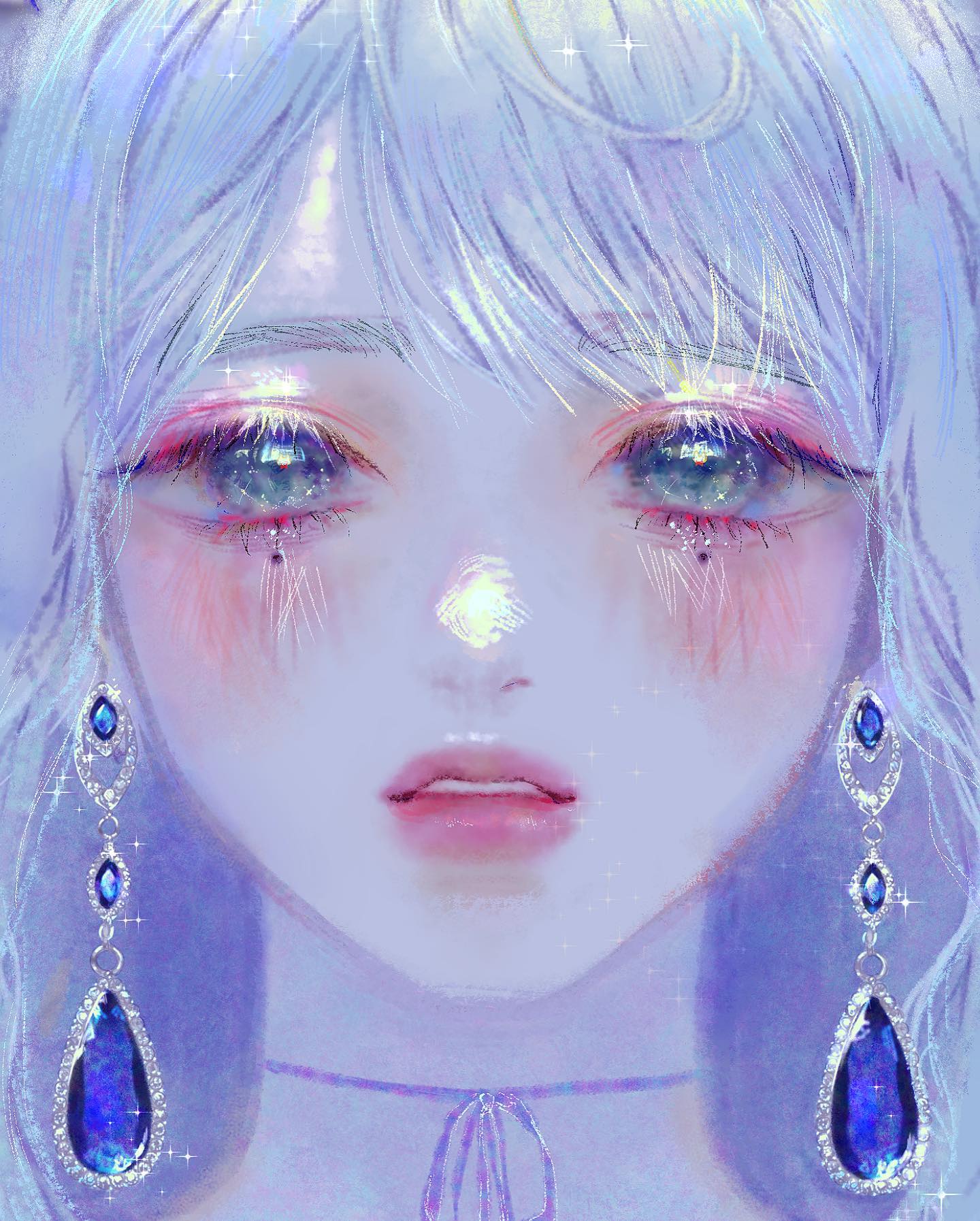 the image is a digital painting of an animestyle girl.  she has long, light purple hair, large expressive eyes with pink highlights and blue iridescence, and fair skin with a soft, almost ethereal quality. she wears long, dangling earrings featuring large, teardropshaped blue gemstones set in silver.  the overall style is soft, dreamy, and pastelhued, evoking a sense of fantasy and magic. the artist's attention to detail is evident in the subtle highlights and the delicate rendering of the girl's features and jewelry. the background is a blurred wash of pale purples and blues.