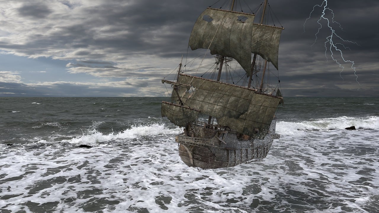 the image depicts a weathered sailing ship navigating a turbulent ocean during a storm. the sky is filled with dark, ominous clouds, and lightning streaks across the right side of the frame. the ship's sails are tattered and torn, suggesting a history of harsh conditions. the sea is rough, with large waves crashing around the vessel. the overall atmosphere is one of danger and drama.