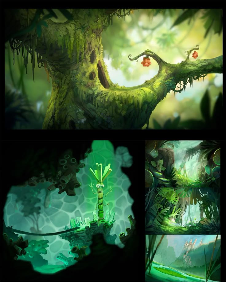 the image is a collage of four different scenes depicting a junglelike environment. the top scene shows a large tree covered in moss, with branches extending outward and bearing red, flowerlike fruits. the bottomleft scene is a cave illuminated with a green light, featuring unusual flora and a rope bridge. the bottomright scene shows a path through dense vegetation, with sunlight filtering through the leaves. the final scene is a river surrounded by greenery and a distant, white structure. the overall style is cartoonish and vibrant.
