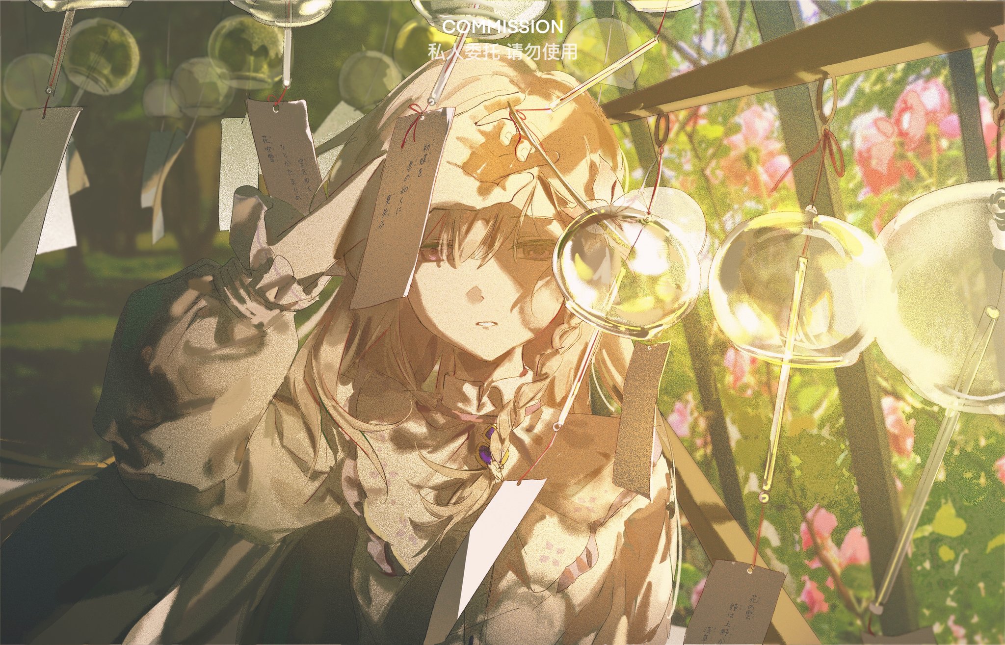 a young anime girl with blonde hair is sitting in a garden surrounded by wind chimes. she looks sad and is covering her eyes with her hand. the light from the sun is shining on her and the wind chimes. the background is blurred and out of focus, creating a dreamy and peaceful atmosphere.  the girl's expression is wistful and melancholic.  she may be feeling sad or lost, or perhaps she is simply enjoying the beauty of her surroundings.