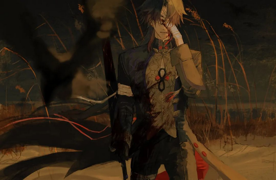 the image depicts a male anime character standing in a dark and desolate setting. he is covered in blood and has a wound over his right eye. he is holding his hand to his face, seeming to be in pain or anguish. the character is dressed in a dark, elaborate outfit with hints of gold. the background is a blurry mixture of dark colors and silhouettes, with hints of tall grass and a large, shadowy figure behind him.  the image conveys a sense of sorrow and despair, perhaps suggesting the character has been through a traumatic experience.  the use of vibrant red and gold colors against the dark background adds to the dramatic and emotional impact of the scene.